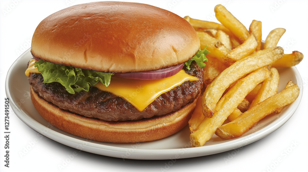 Delicious hamburger and french fries on a white dish Delicious hamburger and french fries on a white dish