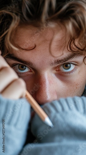 Young caucasian male with intense gaze holding pencil in creative moment photo