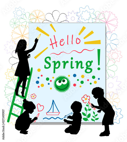 Children silhouettes. Hello, spring, boys and girls drawing. Vector illustration.	
