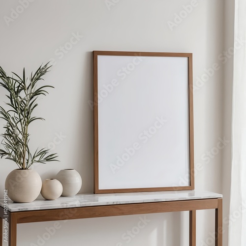 Blank Frame Mockup on Modern Console Table with Plants