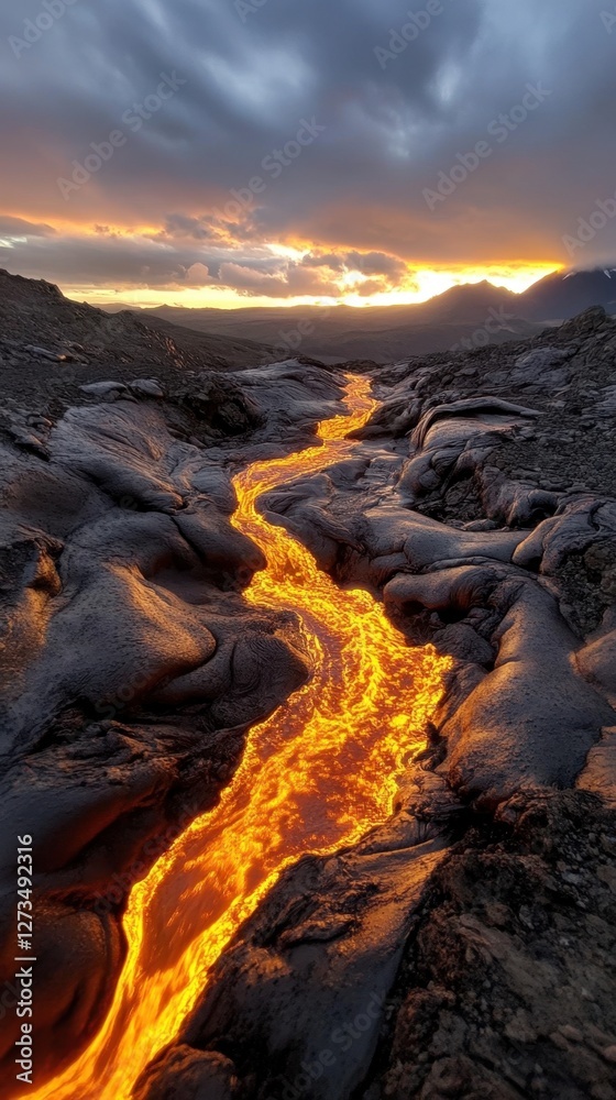 Fototapeta premium Glowing lava flow at sunset in volcanic landscape
