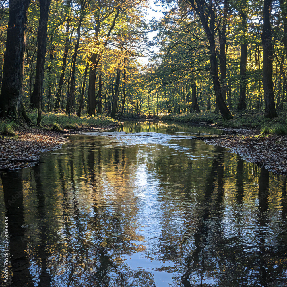 Fototapeta premium A tranquil scene of a calm river with reflections of the surrounding trees and sky