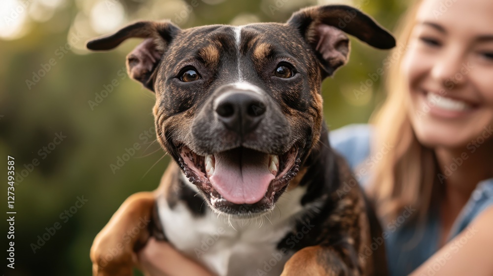 Happy dog with smiling young caucasian female outdoors. Prevention of Cruelty to Animals Month Happy dog with smiling young caucasian female outdoors. Prevention of Cruelty to Animals Month