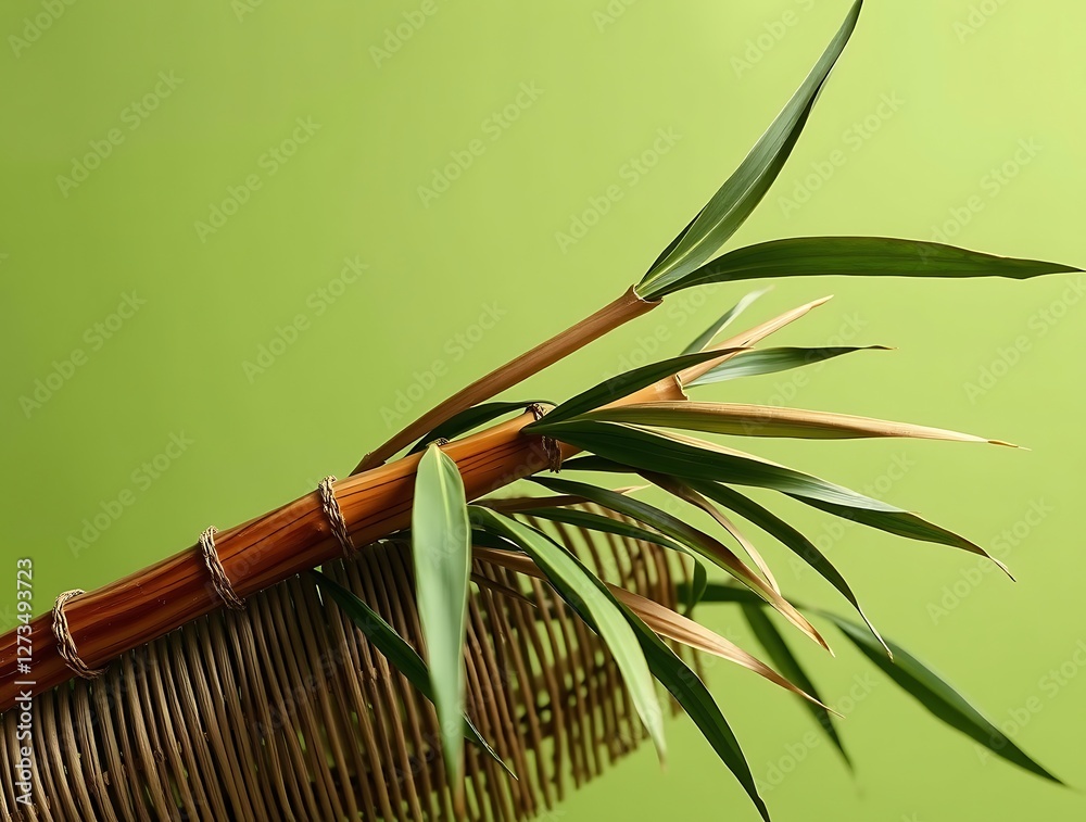 Obraz premium Bamboo in Woven Basket with Green Leafy Branches Against Green Backdrop