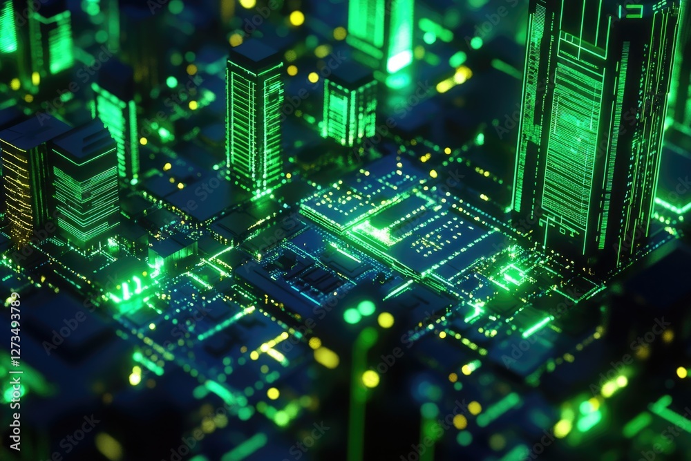 Obraz premium Nighttime city view from a close angle, showing buildings and lights