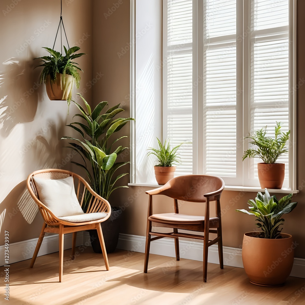 Fototapeta premium Sunlit Living Room with Rattan Chair, Plants, and Mid-Century Modern Chair