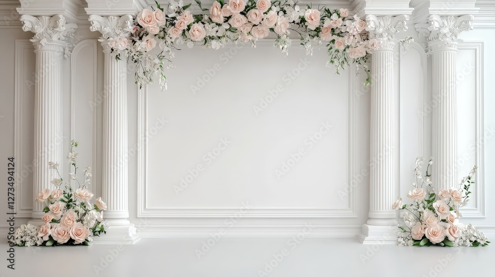 A serene and elegant interior featuring white columns adorned with delicate pink flowers, creating a perfect backdrop for events or photography. A serene and elegant interior featuring white columns adorned with delicate pink flowers, creating a perfect backdrop for events or photography.