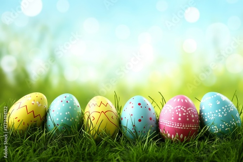 A close-up shot reveals numerous beautifully painted Easter eggs with a blurred grass background. This concept is ideal for Good Friday, Easter Monday, and the spring full moon, offering copy space