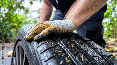 Close-up of caucasian male adult inspecting dirty tire on forest road. Summer Tire Changeover Month
