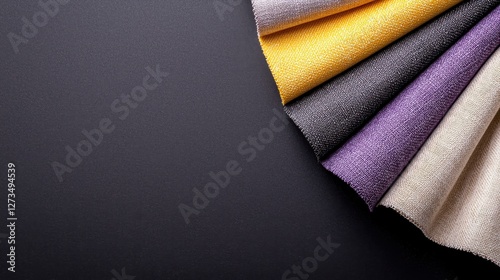 Colorful fabric swatches arranged artfully on a dark background, showcasing texture and diverse hues.