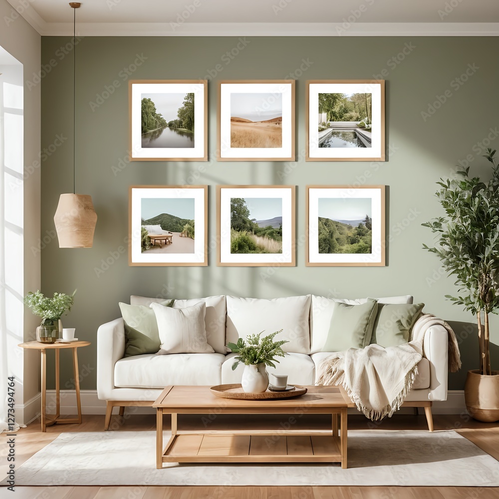 Obraz premium Serene Living Room with Landscape Prints