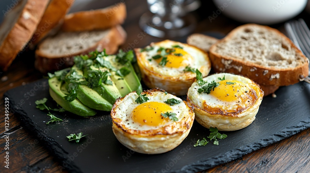 An upscale café presentation of cheesy baked egg cups, paired with artisanal bread and a side of avocado, served on a matte slate plate An upscale café presentation of cheesy baked egg cups, paired with artisanal bread and a side of avocado, served on a matte slate plate