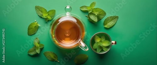 Refreshing Mint Tea with Fresh Mint Leaves on Green Background – Herbal Tea Concept Flat Lay Top View,