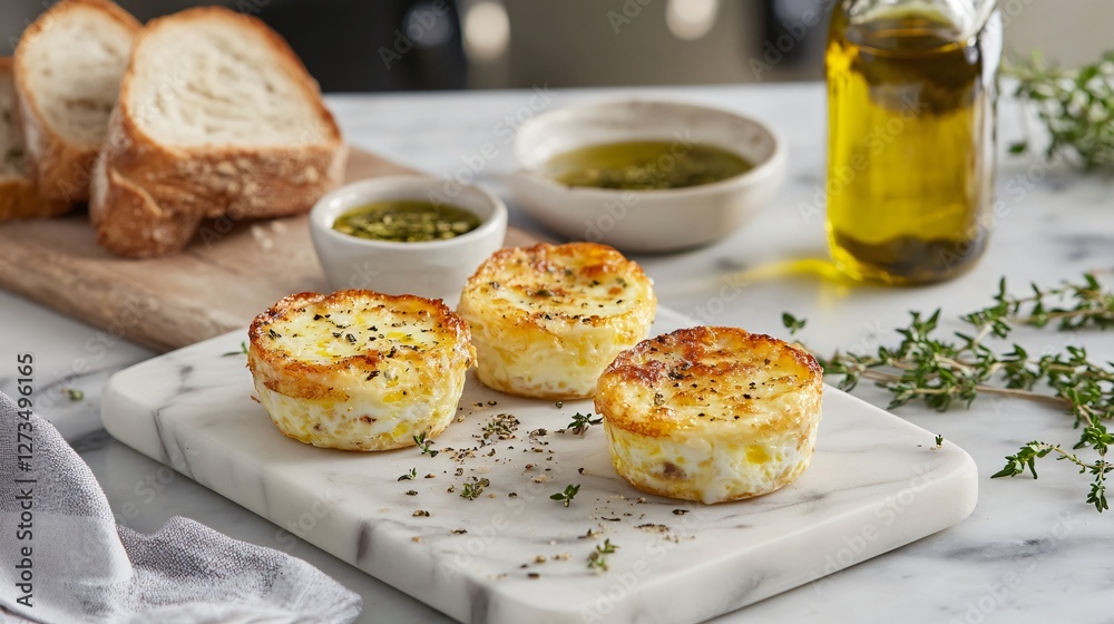 An upscale café presentation of cheesy baked egg cups on a marble serving board, accompanied by herb-infused olive oil and crusty bread An upscale café presentation of cheesy baked egg cups on a marble serving board, accompanied by herb-infused olive oil and crusty bread
