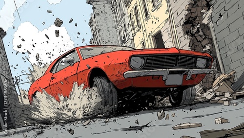 A red muscle car driving through an old wall, breaking it down into pieces of brick and concrete