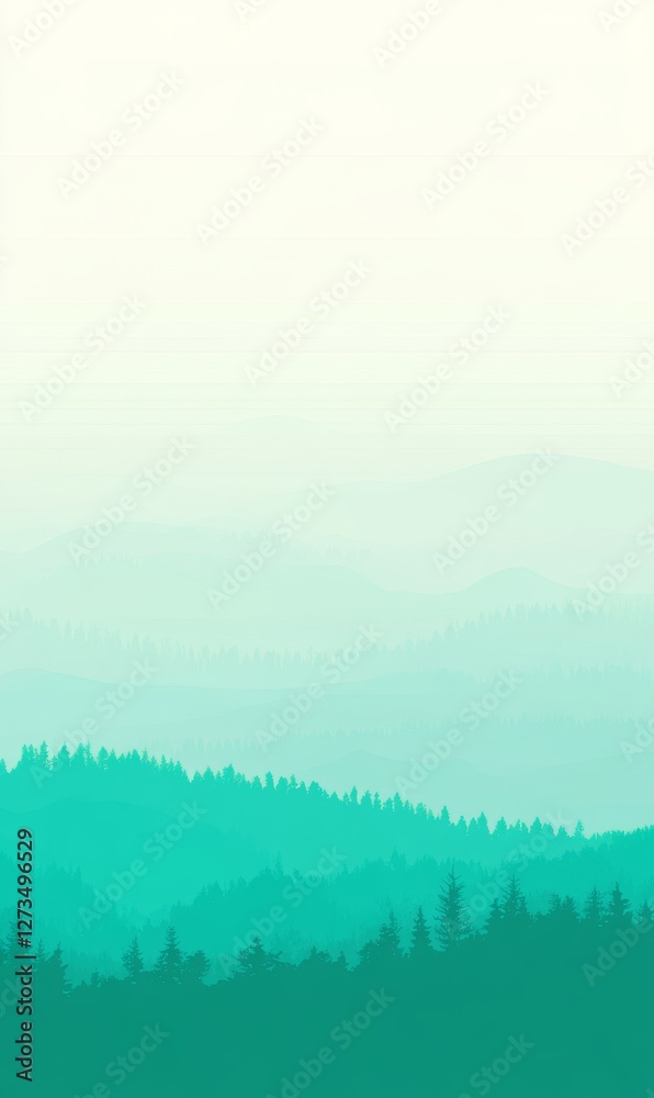 Fototapeta premium Teal Forest Landscape Minimalist Mountain Illustration Wallpaper Background