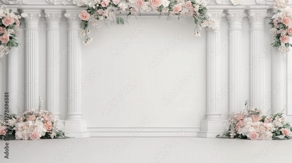 A serene backdrop featuring white columns adorned with pink floral arrangements, perfect for weddings or elegant events. A serene backdrop featuring white columns adorned with pink floral arrangements, perfect for weddings or elegant events.