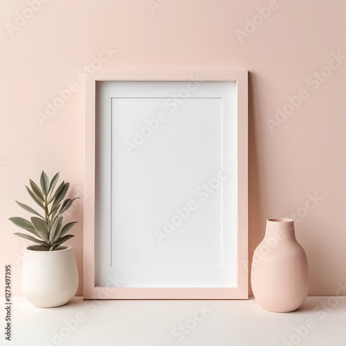 Blank Pink Frame Mockup with Plant and Vase on Blush Pink Background