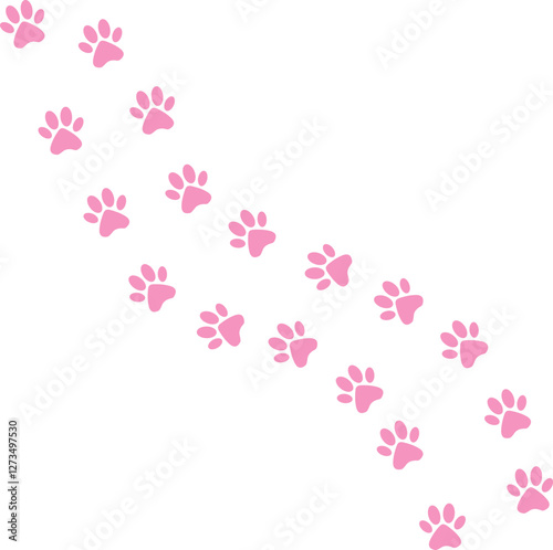 Animal paw prints, including cat and dog pink footprints.Cat and dog footprints following curved path, vector illustration