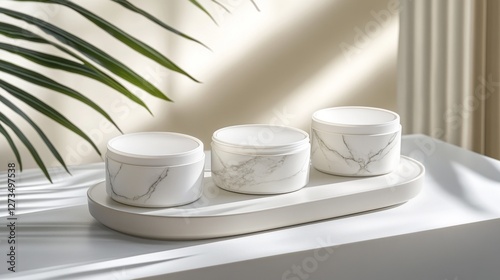 Wallpaper Mural Product displayed on three blank podiums. Clean scene mockup with three stone podiums for products, including copy space for promotional use and cosmetic product showcases Torontodigital.ca