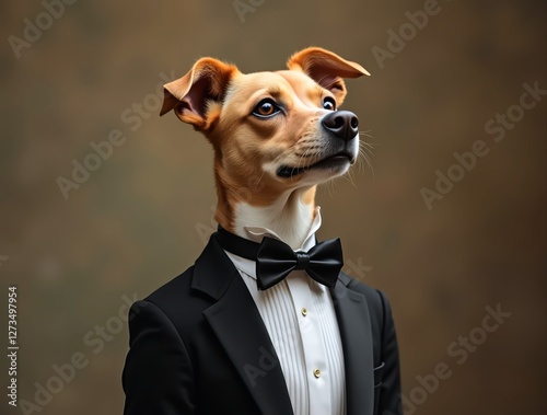 Elegant dog wearing tuxedo and bow tie posing like gentleman photo