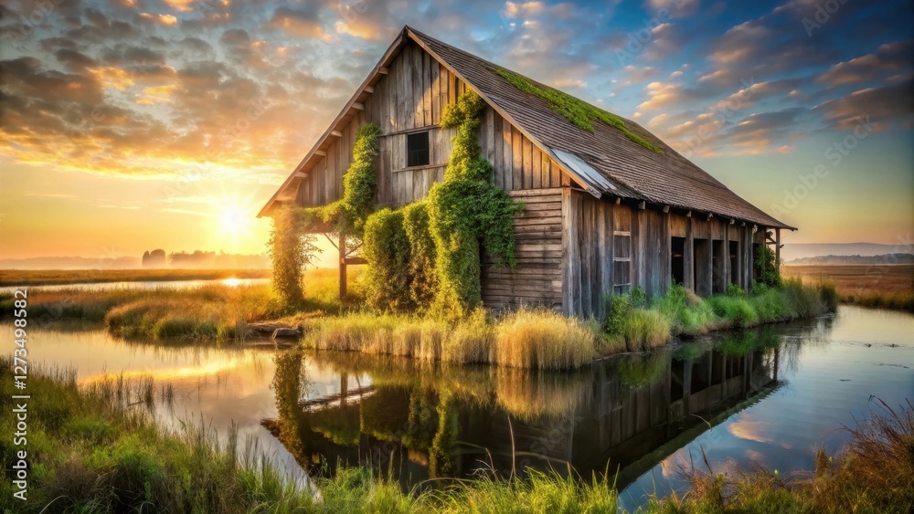 Fototapeta premium Serene Sunrise Over Rustic Waterside Structure, Ivy-Covered and Reflected in Still Waters