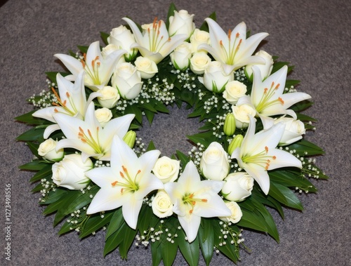 Delicate white floral wreath symbolizing remembrance and peace photo