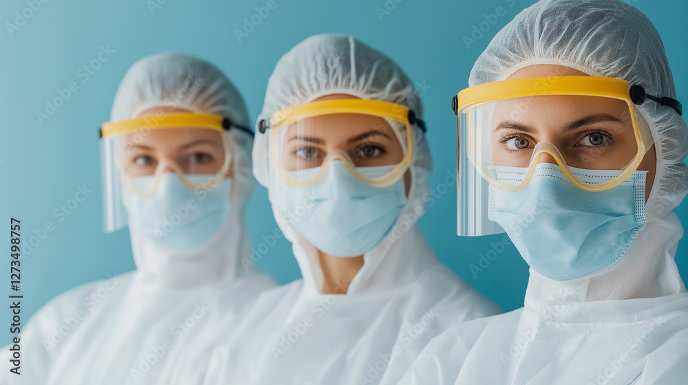 Three Female Healthcare Workers in Protective Gear Three Female Healthcare Workers in Protective Gear