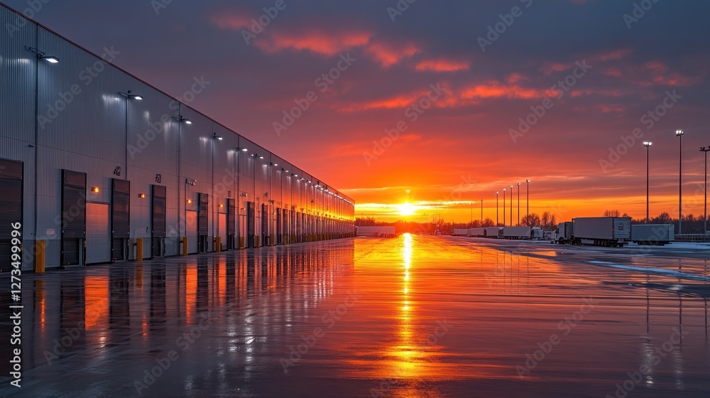 Obraz premium Sunset over a large distribution warehouse with loading docks and trucks.