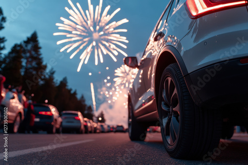 Cars parked on road watching fireworks displaying in evening sky