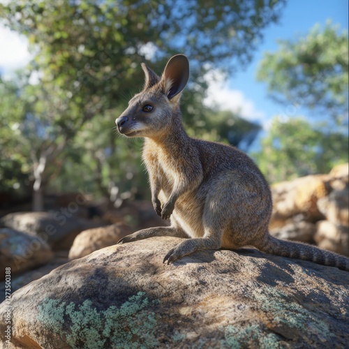 Young kangaroo on rock, Australian bush landscape, sunlight, wildlife