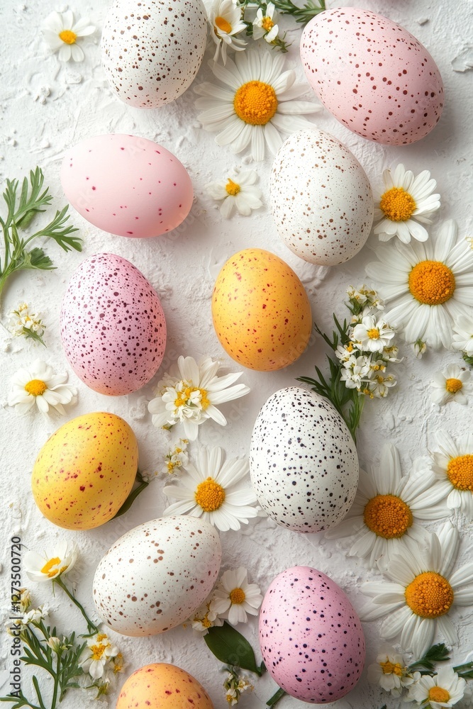 Obraz premium A top view of Easter quail eggs and spring flowers on a white background, with space for text, capturing a spring holiday theme