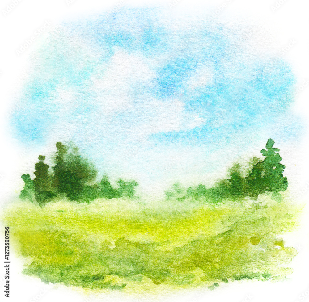 Fototapeta premium Abstract watercolor background with green grass , blue sky, trees