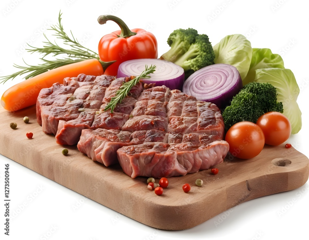 Grilled Steak with Vegetables on Wooden Board Grilled Steak with Vegetables on Wooden Board