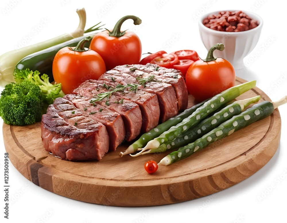 Sliced Grilled Steak with Fresh Vegetables on Wooden Board