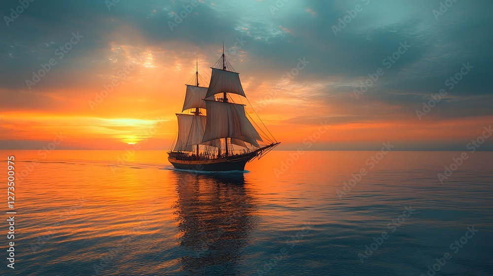 Obraz premium Minimalist silhouette of a sailing ship gently traversing the ocean framed against a gradient horizon in soft cinematic lighting This serene