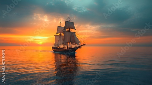 Minimalist silhouette of a sailing ship gently traversing the ocean framed against a gradient horizon in soft cinematic lighting  This serene