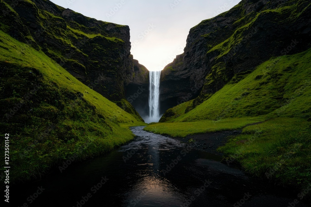 Obraz premium Iceland's Kvernufoss Waterfall in Green Valley, Stream Reflection. Scenic views