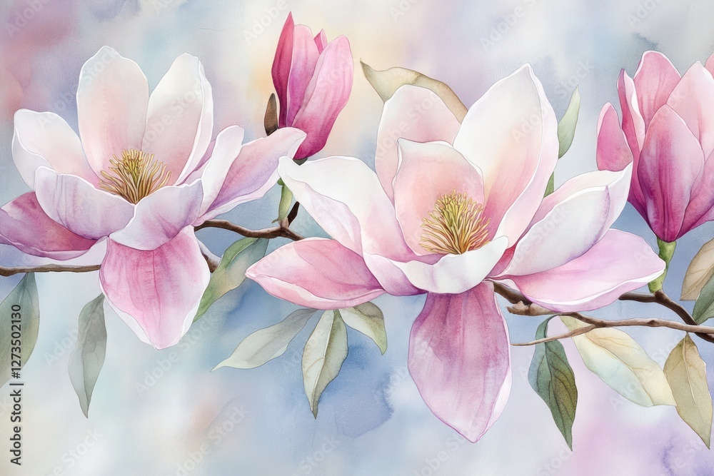 Obraz premium Pink magnolia blossoms branch, spring pastel background, nature wall art