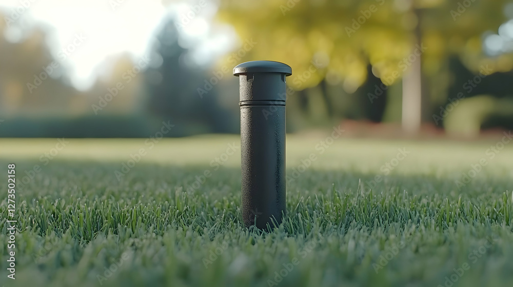 Black post in grassy lawn, garden, early morning Black post in grassy lawn, garden, early morning
