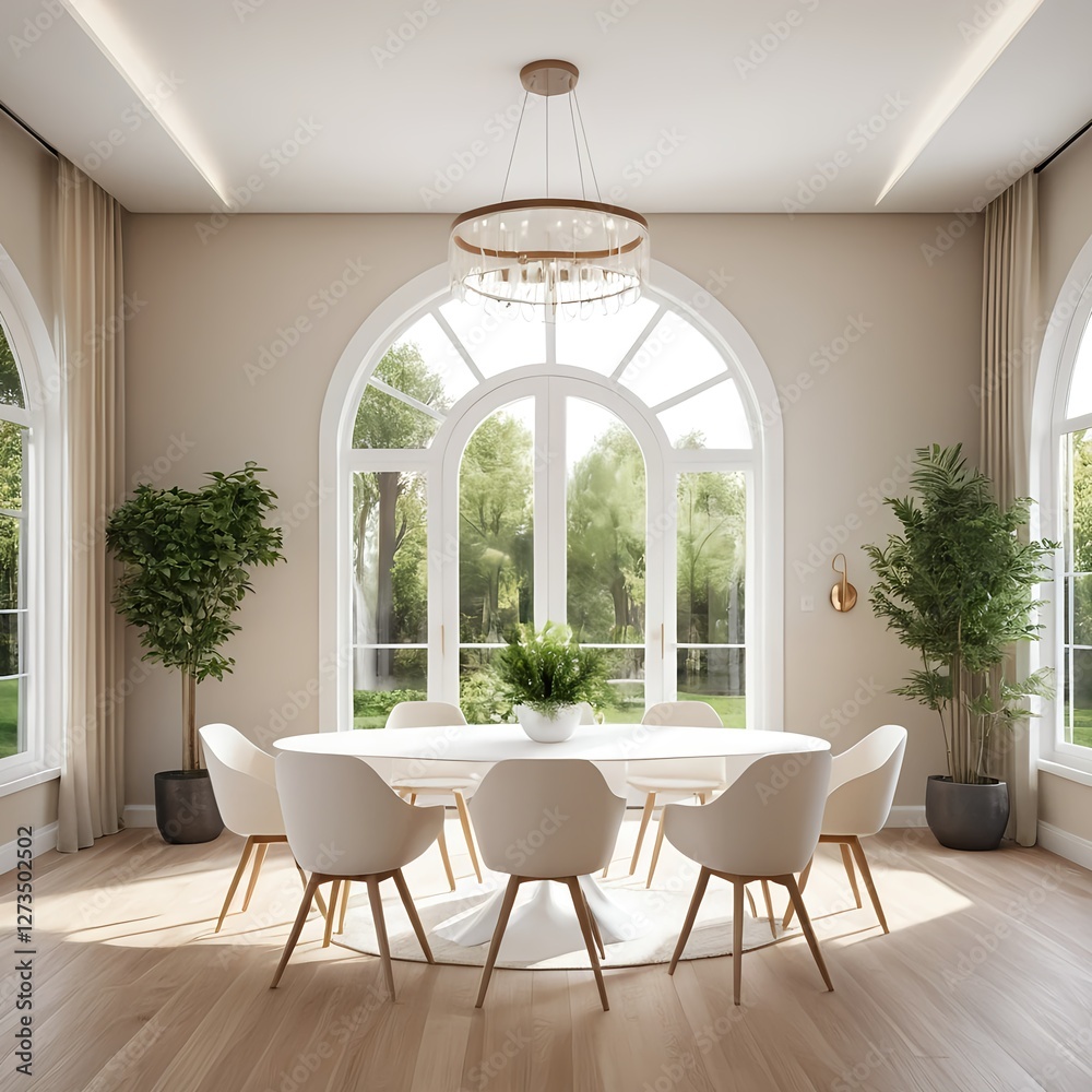 Fototapeta premium Modern Dining Room with Arched Windows and White Table