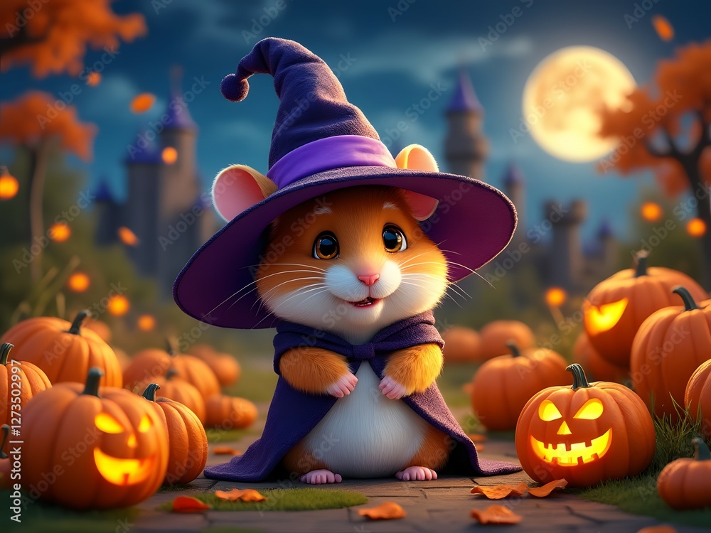 Naklejka premium Cute hamster wearing an oversized witch hat around pumpkins in a moonlit pumpkin patch next to a castle, Halloween 3D render