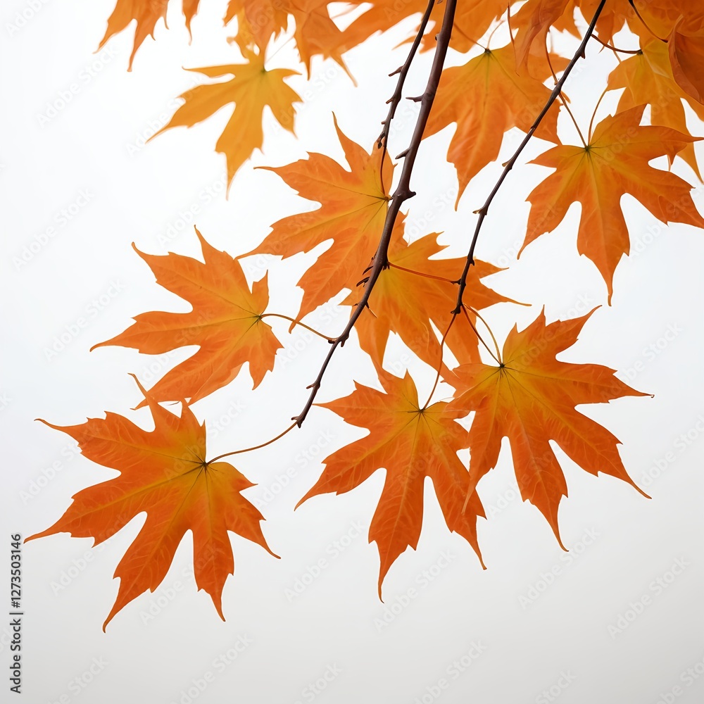Orange Maple Leaves on Branch Against White Background Orange Maple Leaves on Branch Against White Background