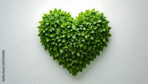 A green heart icon formed by lush leaves against a white background. Depicts love, care, and nature. Ideal for eco-friendly, health, or design projects.