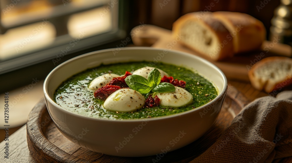 Spinach soup with mozzarella and eggs on a wooden table Spinach soup with mozzarella and eggs on a wooden table