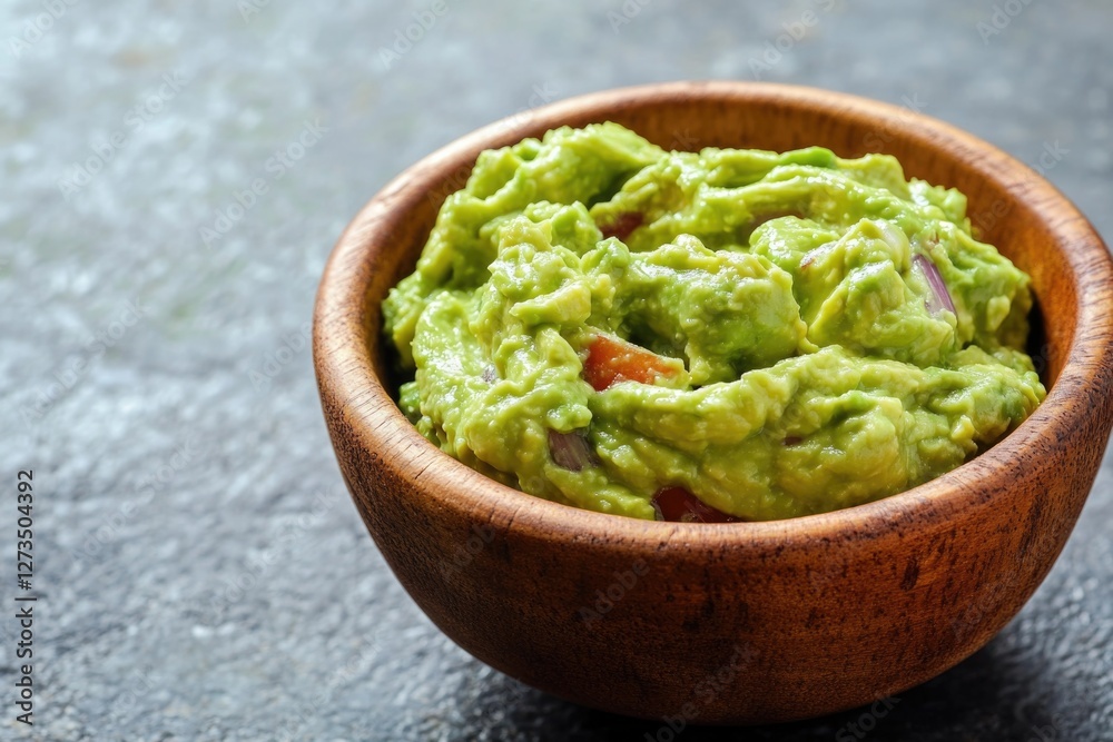 Fresh guacamole served in a wooden bowl on a table, perfect for snacking or serving at a party Fresh guacamole served in a wooden bowl on a table, perfect for snacking or serving at a party