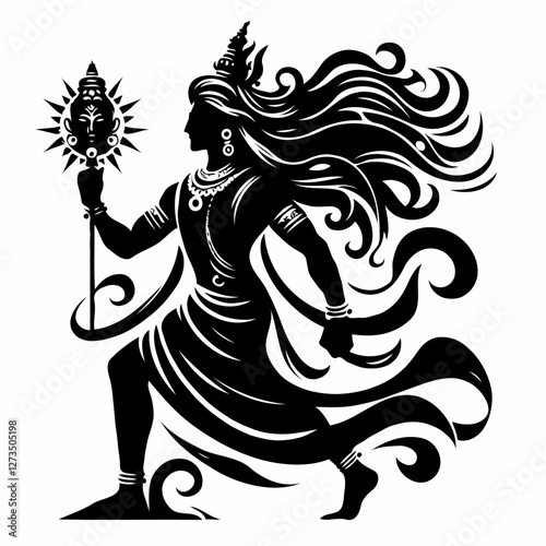 Divine warrior goddess with staff in black and white ink art