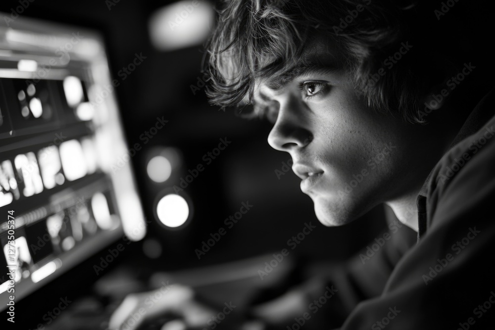 A person seated in front of a computer screen with a calm expression, possibly working or browsing A person seated in front of a computer screen with a calm expression, possibly working or browsing