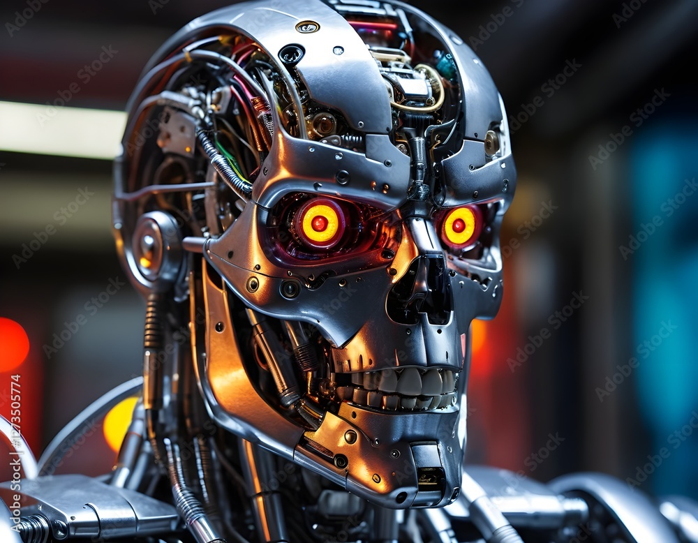 Close-up of a Futuristic Robot Head with Glowing Eyes Close-up of a Futuristic Robot Head with Glowing Eyes
