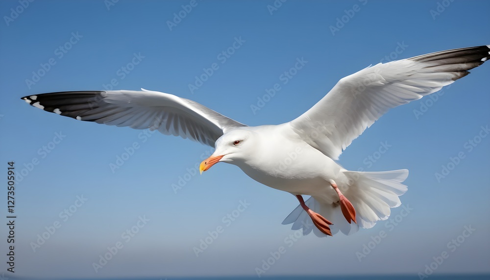 Obraz premium Seagull in Flight Against a Blue Sky